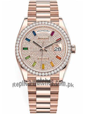 Rolex Day-Date Rainbow Pave Diamond Dial Rose Gold 128345RBR-0042 Watch Price in Pakistan