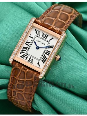 Cartier Tank Solo Brown Leather Strap Diamond Bezel Watch