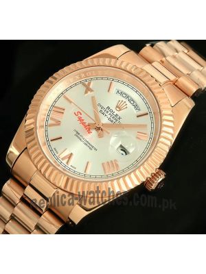 Rolex Day-Date Everose Gold Silver Roman Dial Watch Price in Pakistan