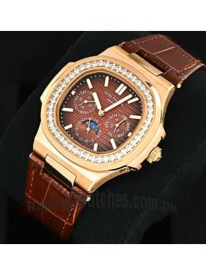 Patek Philippe Nautilus Perpetual Calendar Leather Straps Brown Watch Price in Pakistan